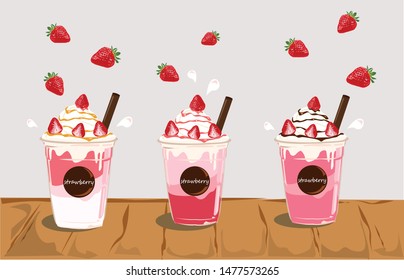 set of Strawberry desserts and drinks. Milkshakes on wooden table background.