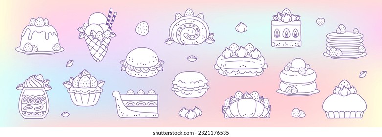 Set of strawberry desserts. Flat monochrome illustration of summer berry desserts like pancakes, macaroon, croissant, ice cream, panna cotta etc. on a rainbow pastel background. Vector 10 EPS.