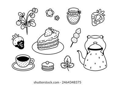 Set de postres de fresa. Ilustraciones vectoriales dibujadas a mano. Linea de arte.