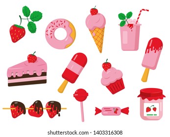 Set of strawberry desserts. Sweet vector icons isolated on white background. 