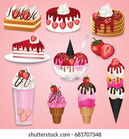 set of strawberry desserts vector illustration