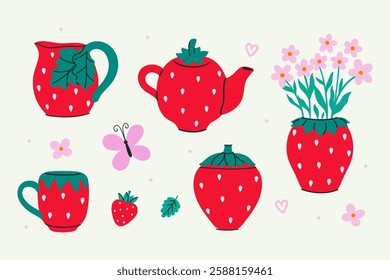 Set of strawberry dishes isolated on white background. Vector graphics