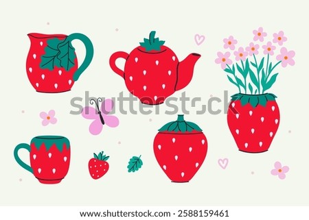 Set of strawberry dishes isolated on white background. Vector graphics