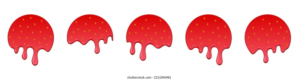 Set of strawberry drops. Dripping melted strawberry. Realistic melted strawberry. Strawberry drops. Red liquid dessert, sweet drip melt. Vector illustration