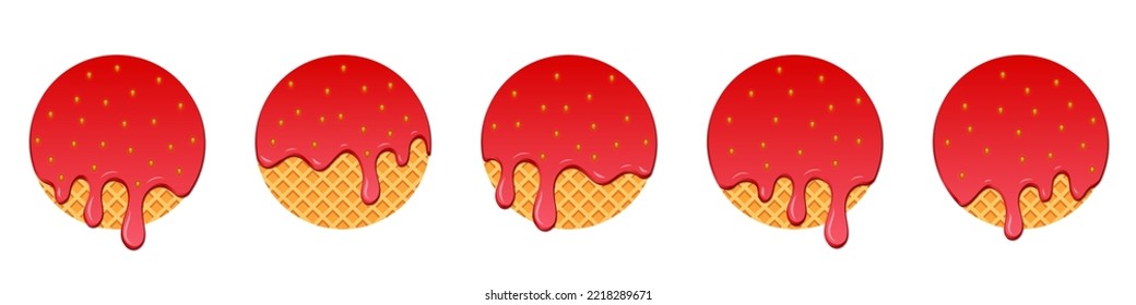 Set of strawberry drops. Dripping melted strawberry. Realistic melted strawberry. Strawberry drops. Red liquid dessert, sweet drip melt. Vector illustration