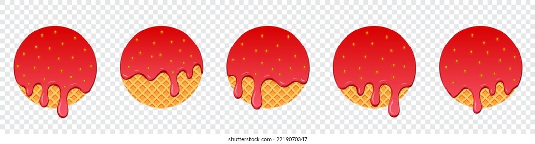 Conjunto de gotas de fresa. Derrame fresa derretida. Fresa derretida de manera realista. Las fresas caen. Postre líquido rojo, derretimiento dulce de goteo. Ilustración del vector