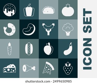 Set Strawberry, Eggplant, Broccoli, Taco with tortilla, Steak meat, Shrimp, Donut and Sausage the fork icon. Vector