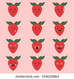 Set of strawberry emoji. Different emotions. vector graphics