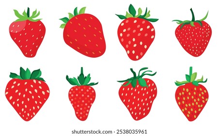 Set of strawberry flat vector icon illustrations. Red and Juicy summer strawberry with leaves.