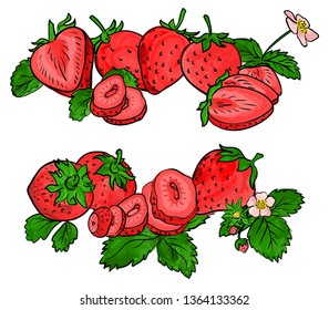 Set of strawberry fruit isolated on white. Different type of pieces.  Vector watercolor. 