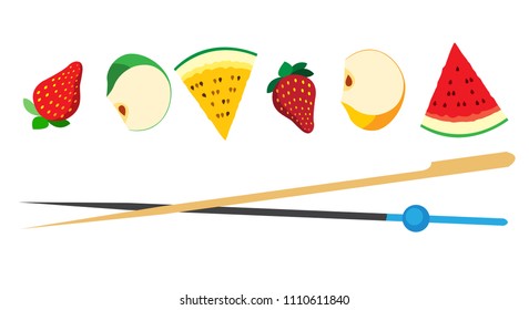 A set of strawberry fruits, an apple and a watermelon. Pieces of fruit for canapé. Wooden bamboo skewers for canapés. Healthy and healthy food. Products for a diet. 1