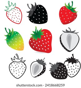 Set of Strawberry, fruits and berries icon. set of Strawberry vector collection. Fresh fruits icon. Strawberry and a half of strawberry isolated on white background. Vector illustration