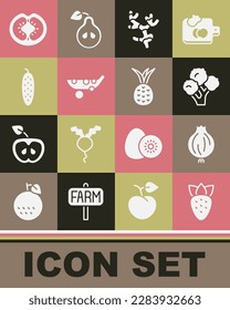 Set Strawberry, Garlic, Broccoli, Ginger root, Peas, Cucumber, Tomato and Pineapple icon. Vector