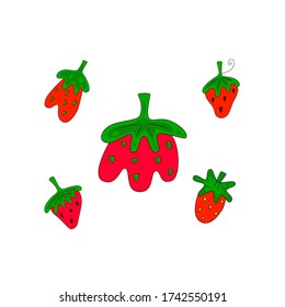 Set of STRAWBERRY. Hand drawn bright color vector illustration on white background. Flat cartoon style.  Organic healthy fruit. Perfect for magazine, book, poster, card, web pages
