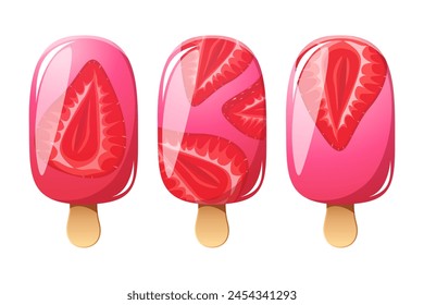 A set of strawberry ice cream, berry popsicle on a wooden stick with strawberry pieces. Strawberry ice cream. Summer cold dessert, frozen juice, berry ice. Vector illustration.