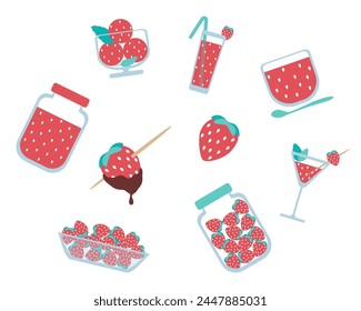 Set Strawberry ice cream, jar of jam, marmalade. Chocolate covered strawberries, Home canning. Juicy red berries. Vector Illustration of Summer Food Isolated on White Background in Flat Style