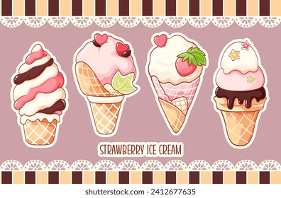 Conjunto de helados de fresa al estilo kawaii para un diseño dulce. Sundae, gelato en cono de gofre. Cuidada colección de comida de verano de estilo retro. Ilustración del vector EPS8