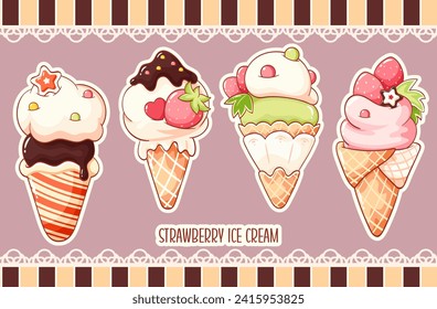 Set of strawberry ice cream in kawaii style for sweet design. Sundae in waffle cone. Cute summer food collection in retro style. Vector illustration EPS8