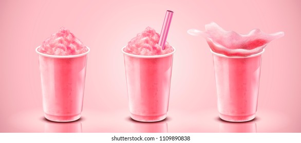 Set of strawberry ice shaved in takeaway cup, 3d illustration drink mockup on pink background