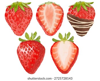 Un conjunto de ilustraciones de fresas, incluyendo fresas enteras, fresas cortadas a la mitad y fresas bañadas en chocolate para el Día de San Valentín.