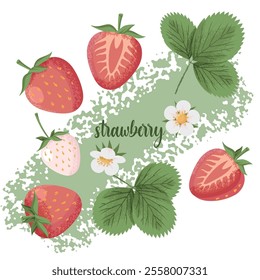 Set of strawberry illustrations with leaves, flowers