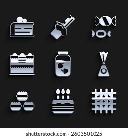 Set Strawberry jam jar, Cake with burning candles, Cracker biscuit, Candy, Macaron cookie,  and Piece of cake icon. Vector