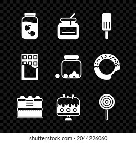 Set Strawberry jam jar, Jar of honey, Ice cream, Cake, plate, Lollipop, Chocolate bar and Glass with candies inside icon. Vector