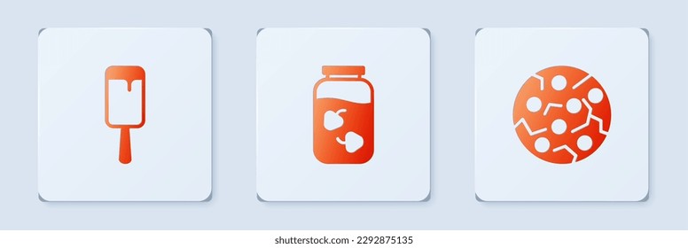 Set Strawberry jam jar, Ice cream and Cookie or biscuit. White square button. Vector