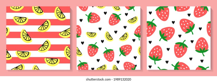 A set of strawberry and lemon seamless pattern. Vector illustration. 
