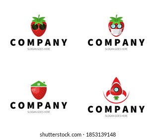 Set of strawberry logo. strawberry with glasses, mask, home, rocket logo concept. vector design illustration.