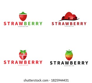 Set of Strawberry Logo. Strawberry Jar, Mountain, Slice Logo Concept. Vector Design Illustration.