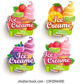 Set of strawberry, mango, blueberry and raspberry Ice cream logos with fruits, berries and sundaes.Gelato for banner,poster,brand,template and label,packaging,packing,emblem and advertise.Vector