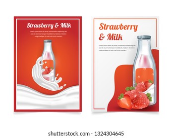 Set of strawberry milk in a bottle flyer design template with 3d realistic style for brochure, promo poster, magazine cover, banner, card and background in A4 format size paper.