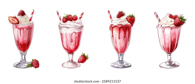 Set of strawberry milkshake glasses watercolor png. Glasses with milkshake decorated with whipped cream and strawberries and raspberries. Vector illustration.