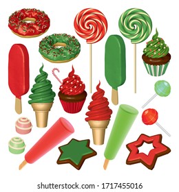 Set of Strawberry and Mint Sweets and Candies Isolated on White Background. Ice Creams, Cupcakes, Donuts, Popsicles, Cookies and Candies in Red and Green. Vector 3d Realistic Illustration.