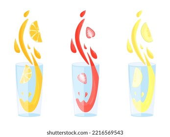 set of strawberry, orange, apple juice splash on a white background. Vector illustration, flat 