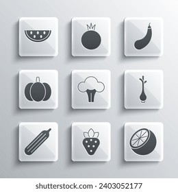 Set Strawberry, Orange fruit, Fresh green onions, Broccoli, cucumber, Pumpkin, Watermelon and Eggplant icon. Vector