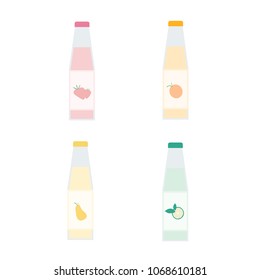Set of Strawberry, orange, pear and lime juice bottles vector stock illustration isolated on a white background in flat style.