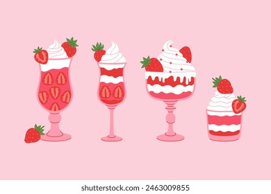 A set of strawberry parfaits in various glasses. Vector graphics.