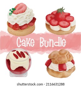 Set of Strawberry Pastry, Cake Element for Design on White Isolated Background. Various Sweet Dessert with Berry