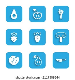 Set Strawberry, Pear, Knife, Mushroom, Cabbage, Turnip, Leek and Avocado icon. Vector
