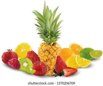 Set of strawberry, pomegranate, raspberry, orange, kiwi, lime, lemon and pineapple. Set, group of six fruit. Raw fruit. Concept good nutrition, healthy food and lifestyle, Vector illustration