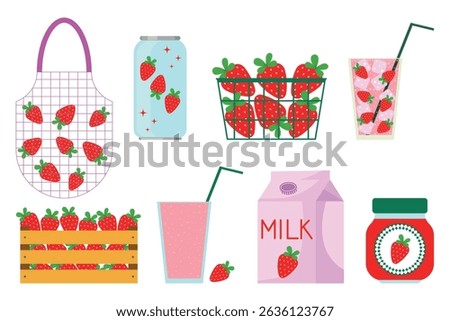 Set of strawberry products - lemonade, soda, strawberry milk, milkshake, strawberry jam. Set of design elements - strawberries in a box, strawberries in a container, strawberries in a string bag. Isol