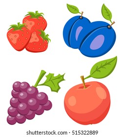 Set Of Strawberry, Pulm, Apple, Grape. Fruit isolated on background. Icons  fruits.