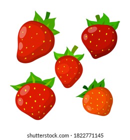 Set of Strawberry. Red sweet berry. Dessert and natural food. Small fruit. Flat cartoon illustration isolated on white