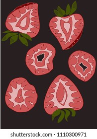 Set of strawberry slices. Strawberry sliced down and across. Hand drawn vector illustration. 