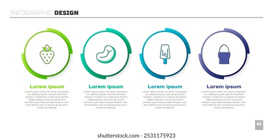 Coloque Morango, Carne de bife, Sorvete e ovo de galinha em pé. Modelo de infográfico comercial. Vetor