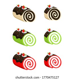 Set of Strawberry Swiss Roll Cake Vector flat Illustration. Roll Cake with flavors of chocolate, green tea, and red velvet. Element bakery design for advertising, paper, and more.