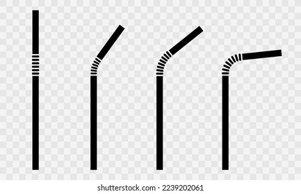 Juego de pajillas iconos vectoriales plásticos sobre fondo transparente. Pañuelas negras para jugo, agua, cóctel. Vector 10 Eps.