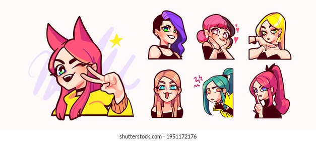 Set of streamer gamer girls expression stickers or badges. Vector illustration